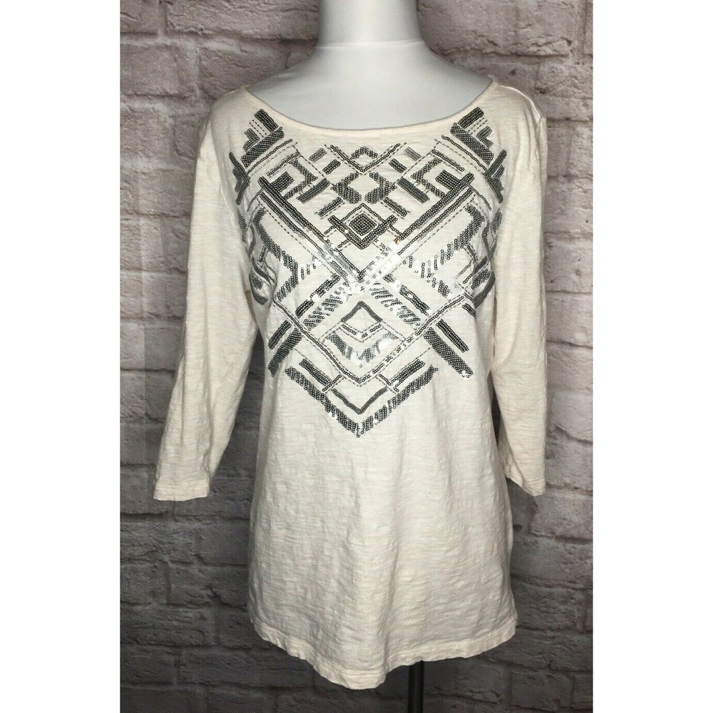 LOFT OUTLET Ivory Shirt SZ L Silver Black Sequins Design Stretch Top